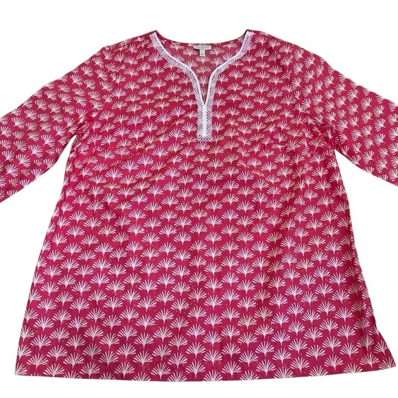 Talbots Pink White Fan Print Poplin Popover Blouse Lace Trim 3/4 Sleeves Sz X - Picture 6 of 16